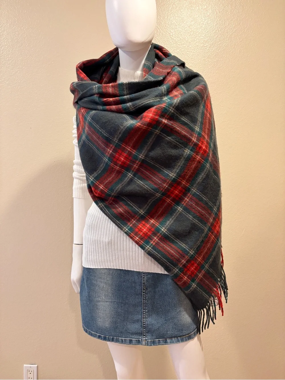 Blanket Scarf Shawl Forest Green Red Plaid Tartan Soft Cozy Cashmere Feel Fringe